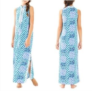 Lilly Pultizer Blue & Aqua Sleeveless Maxi Dress w/ Side Slit, Girls Size 10